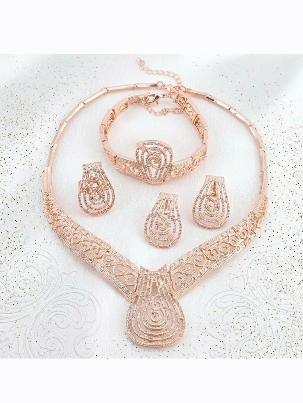 Rose Gold Necklace Earrings Bracelet And Ring Set With Adjustable Sizing